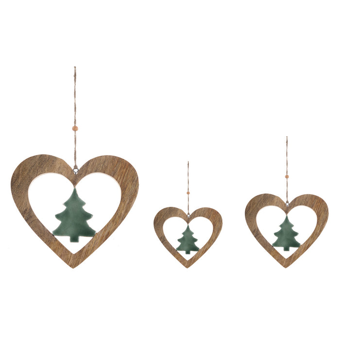 BLANC MARICLÒ Set 3 decoro cuore in legno e albero smaltato verde