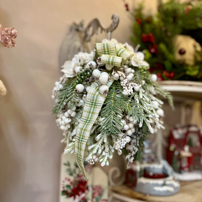 FIORI DI LENA Palla Natalizia con Fiocco Rami e Bacche Innevate