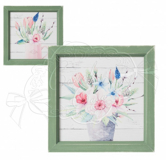 COCCOLE DI CASA Quadro con Tulipani e Cornice Verde in Legno